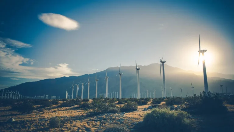 Wind turbines in desert with sunset background